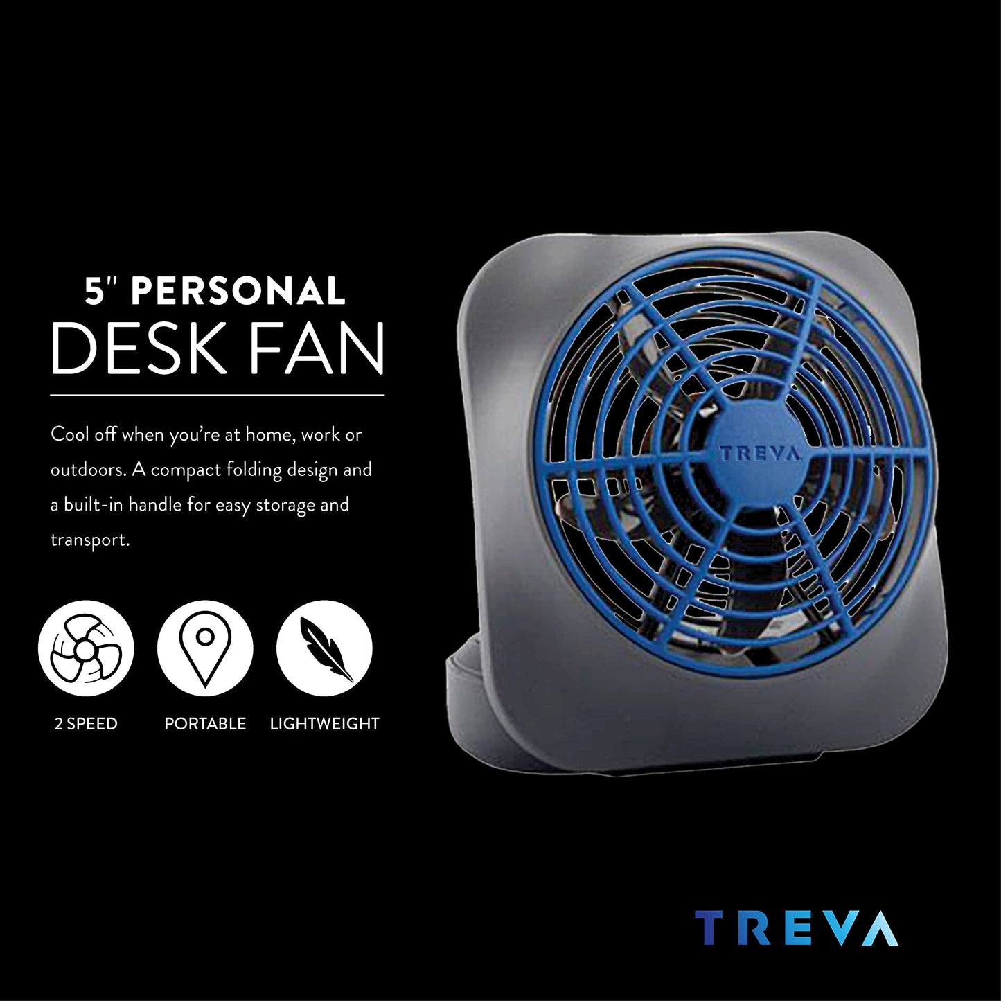 O2COOL Treva 5 in Portable Battery Powered Desk Fan 2-Speed Dark Blue