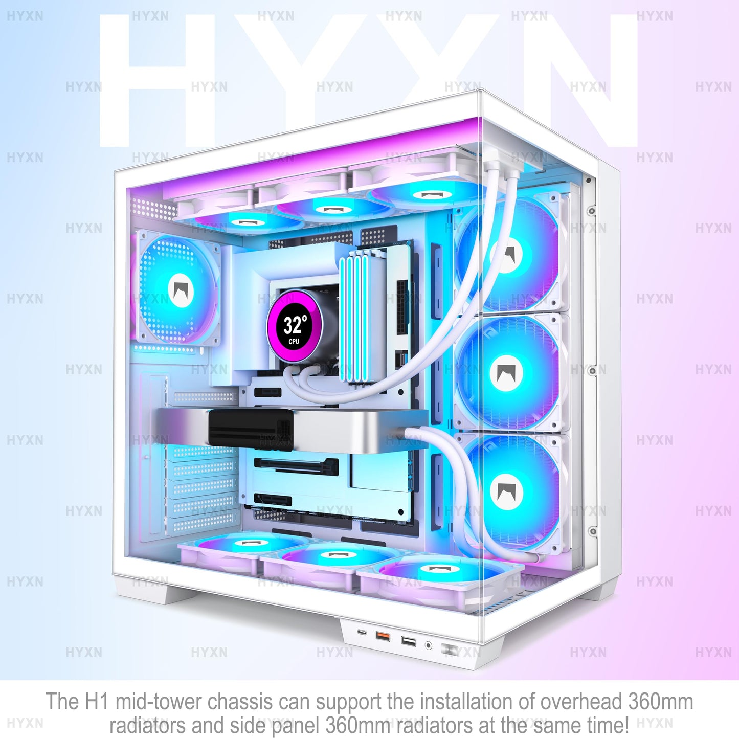 HYXN H1 HYXN ATX PC Case - Pre-Installed with 7 PWM ARGB Fans - Dual Cavity Mid-Tower PC Gaming Case - with Type-C - Can Hold up to 3X 360mm Radiator
