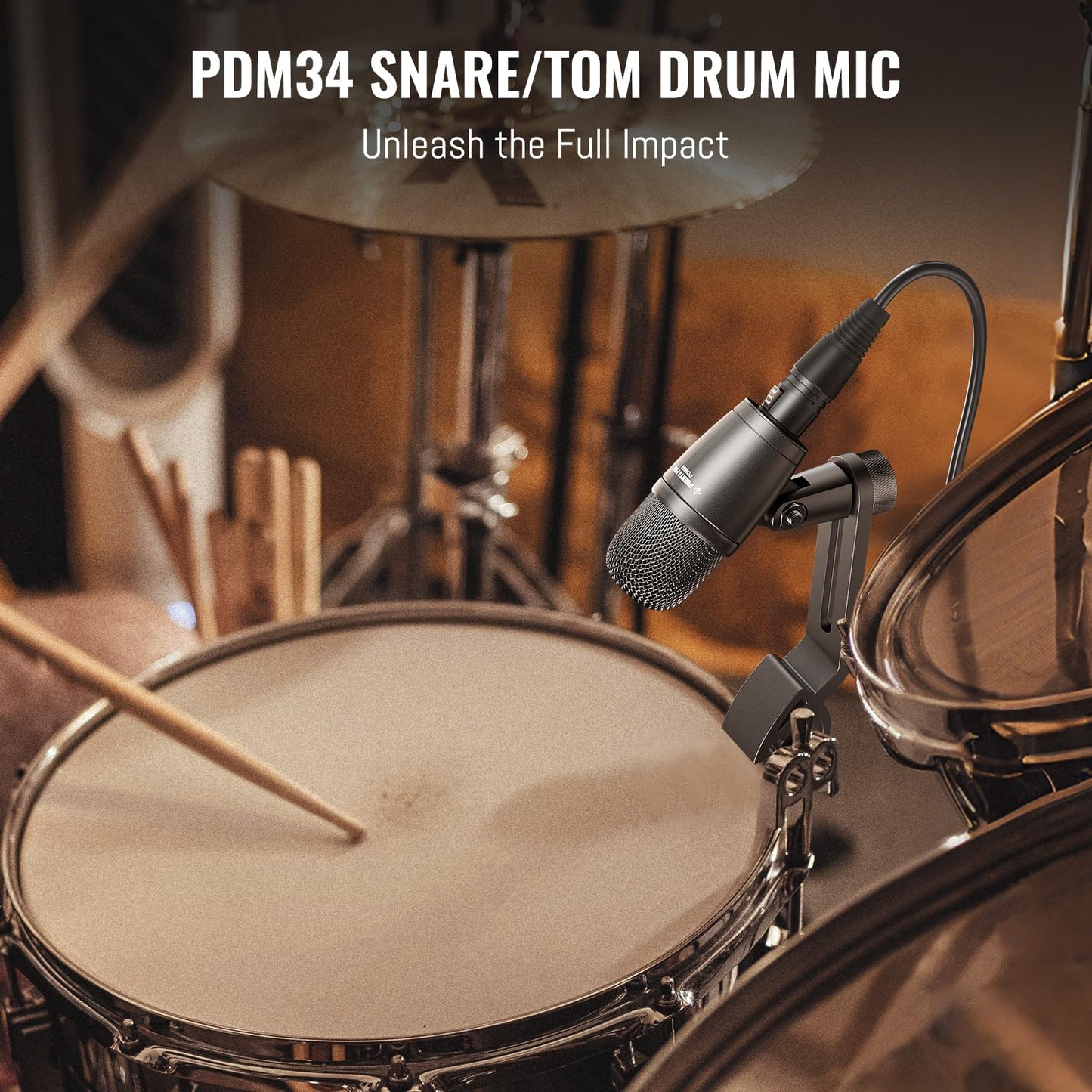 Phenyx Pro PDM34 Snare Drum Mic, Cardioid Dynamic Microphone with Clip-on Microphone Clamp, Integral Stand Mount, and Long-Lasting Metal Housing