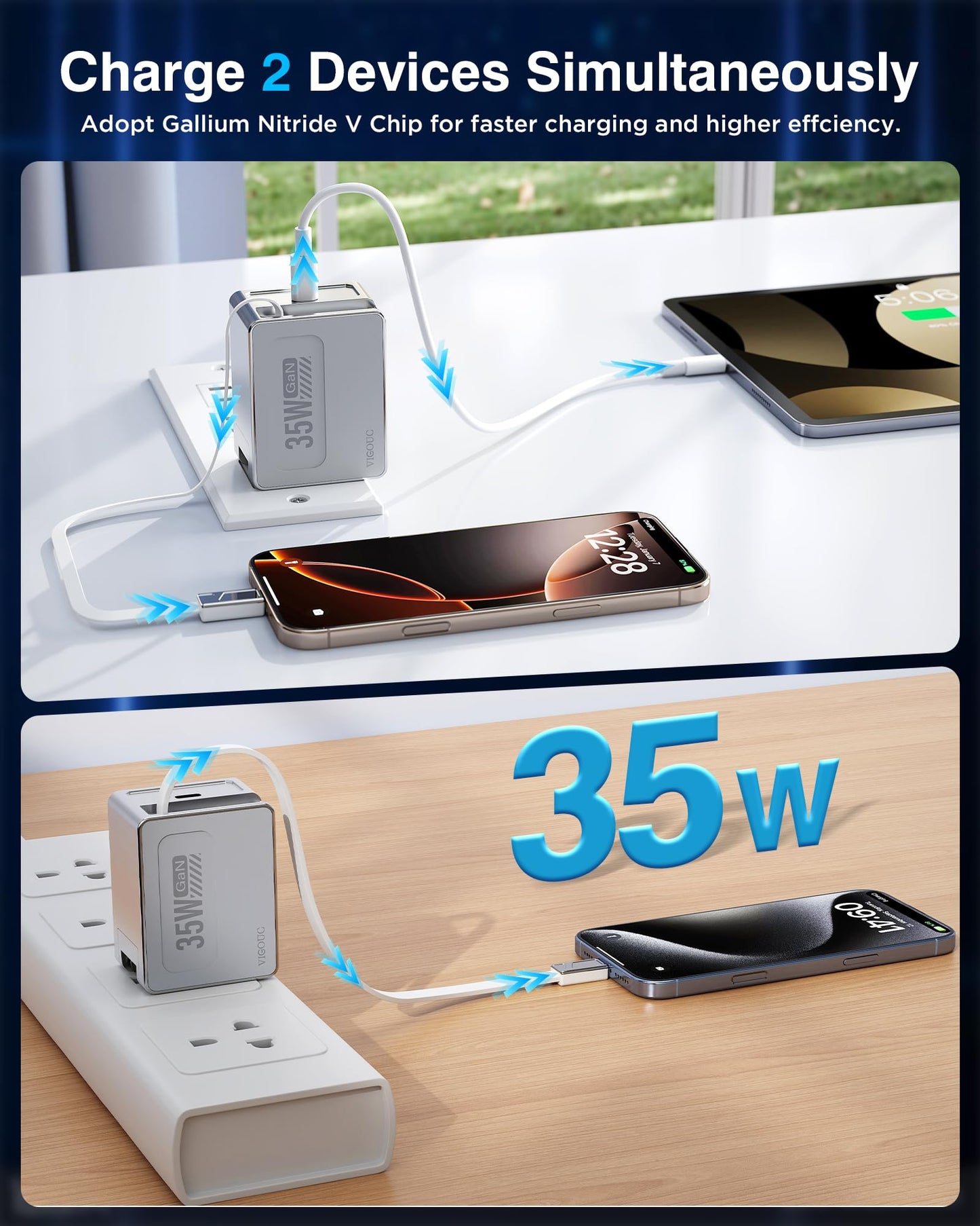 VIGOUC USB C Retractable Fast Charger, PD 35W Dual Port, Wall Adapter Foldable US Plug, Type C Lightning Cable, Compact GaN Charging Block for iPhone