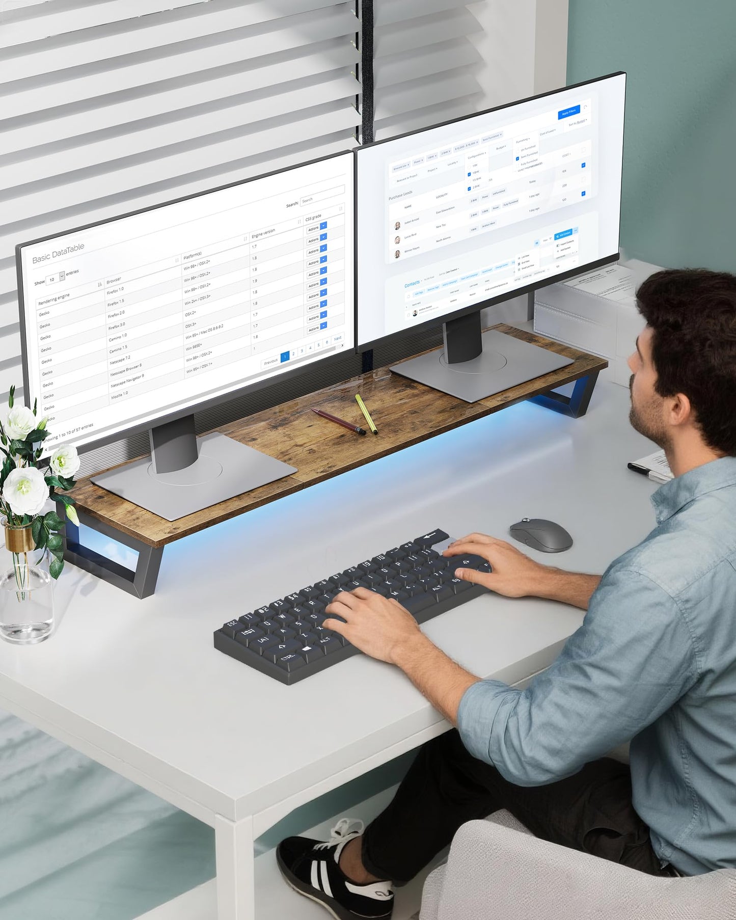 OROPY Dual LED Monitor Stand with RGB Strip Lights, 37.7" Large Computer Stand for 2 Monitors, Long Wood Desk Riser Shelf for TV, Laptop, Printer
