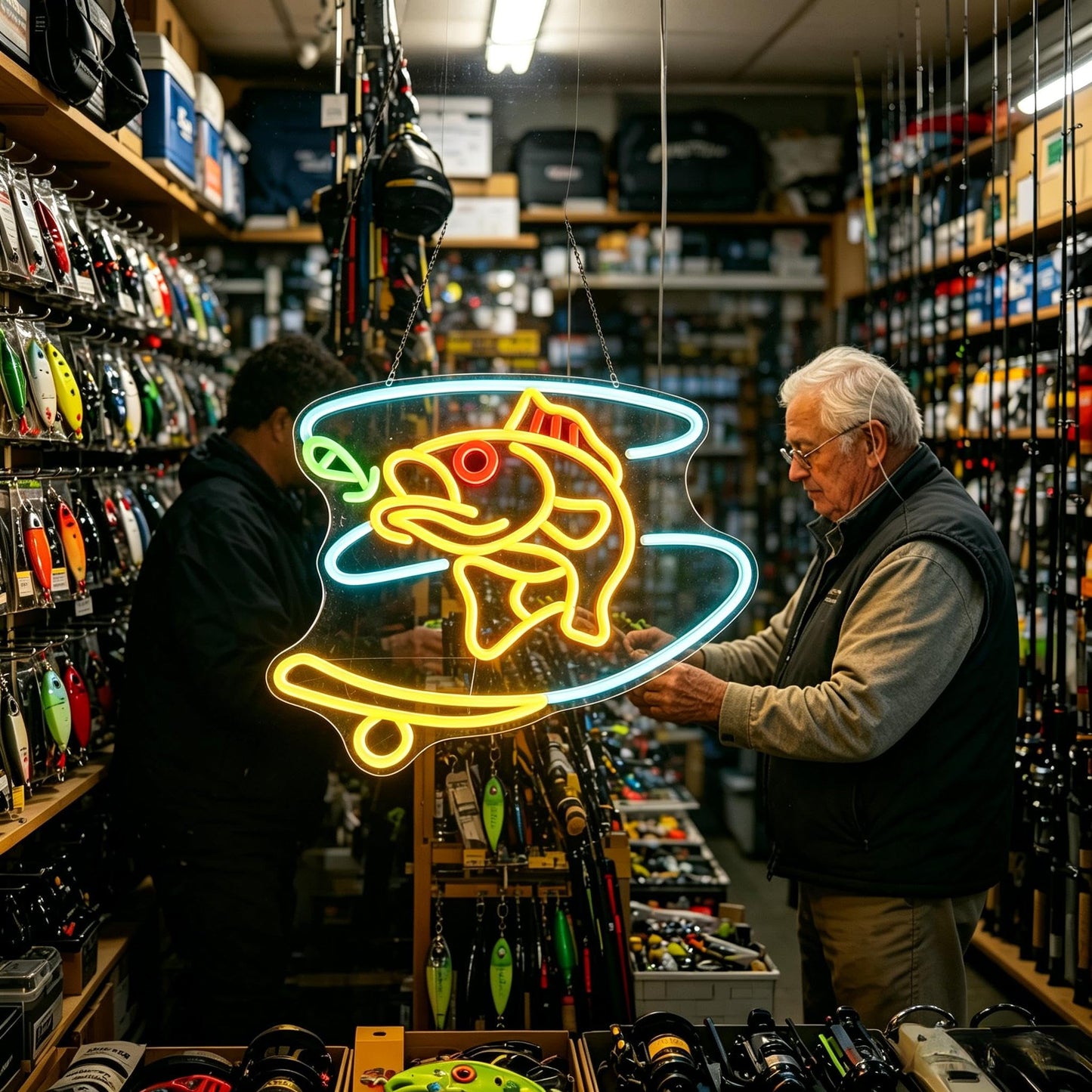 Neonawall Fishing Neon Sign - Dimmable LED Wall Art for Man Cave, USB-Powered Room Decor, Fishing Gifts for Men 15.7 x 12.8 inch