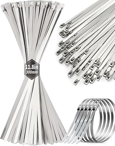100Pcs Metal Zip Ties 11.8 inch 304 Stainless Steel Zip Ties, Heavy Duty Multi-Purpose Self-locking Metal Cable Ties for Machinery, Vehicles, Exhaust
