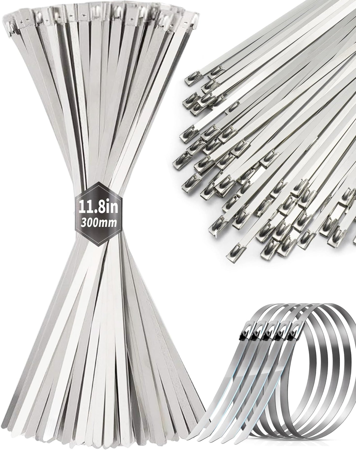 100Pcs Metal Zip Ties 11.8 inch 304 Stainless Steel Zip Ties, Heavy Duty Multi-Purpose Self-locking Metal Cable Ties for Machinery, Vehicles, Exhaust