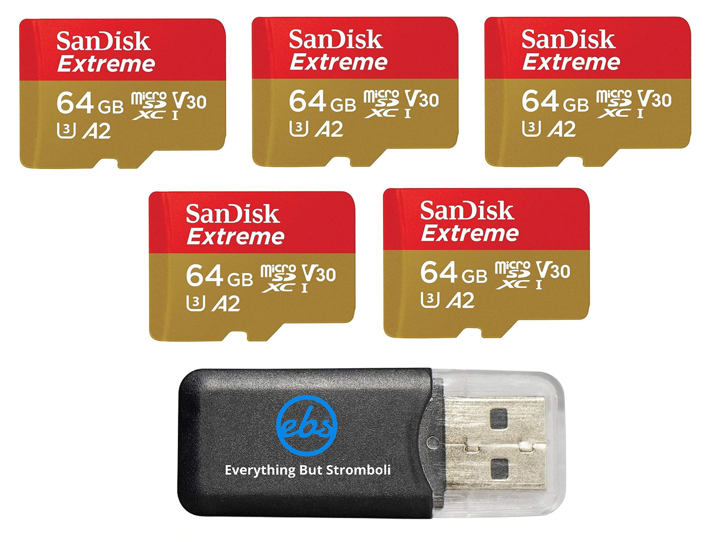 SanDisk 64GB Extreme MicroSDXC Memory Card (5 Pack) Works with DJI Drone Series Mini 4 Pro (SDSQXAA-064G-GN6MN) V30 A2 4K UHD UHS-I Bundle with (1)