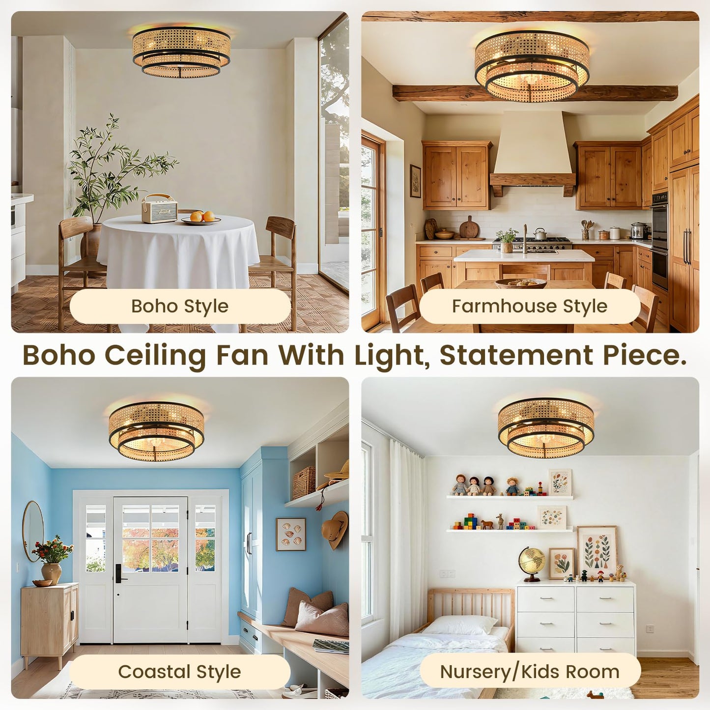 OYYPTDZM 20" Caged Ceiling Fan with Light, Rattan Boho Chandelier Fan
