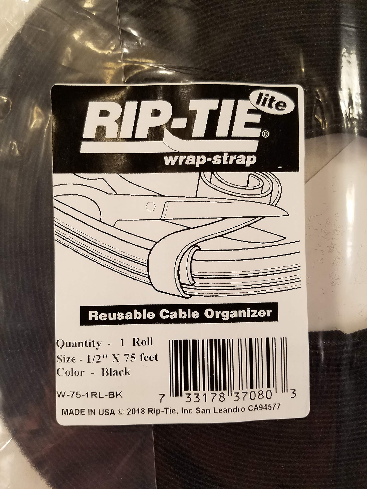 Rip-Tie Hook-and-Loop Cable Tie Roll,75 ft,Black
