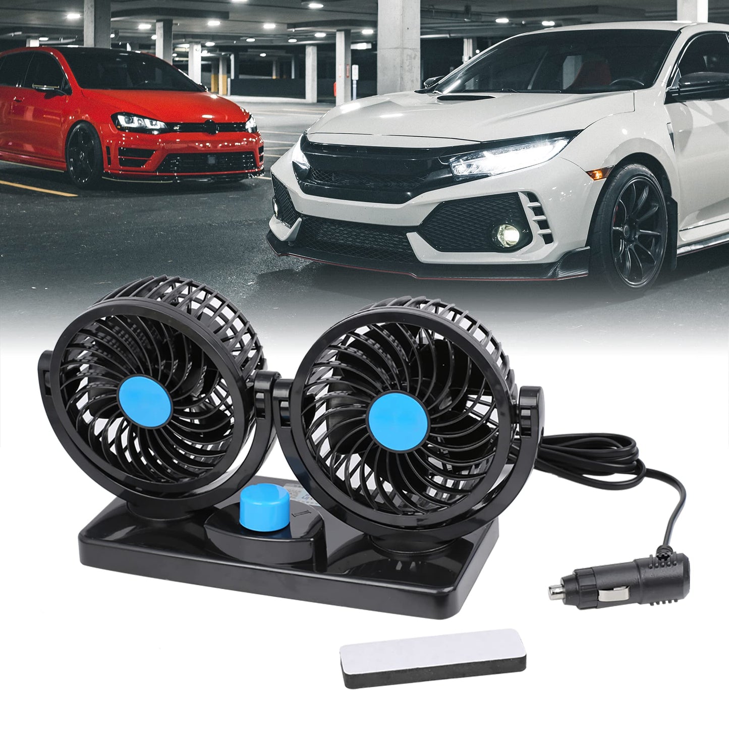 uxcell Black DC 12V 3W Double Headed Adjustable Angle Automobile Car Cooling Fan