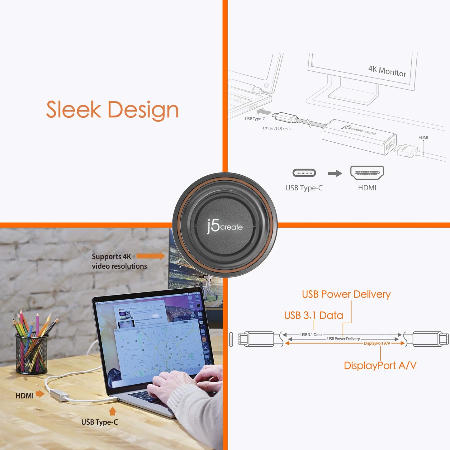 j5create USB Type-C to 4K HDMI Adapter JCA153 / 4K @60 Hz/for MacBook, Chromebook, Type C Laptops