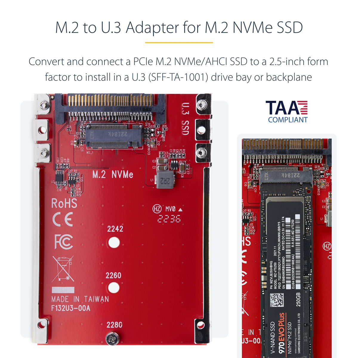 StarTech M.2 NVMe to U.3 Adapter, PCIe M.2 SSD, TAA (1M25-U3-M2-ADAPTER)