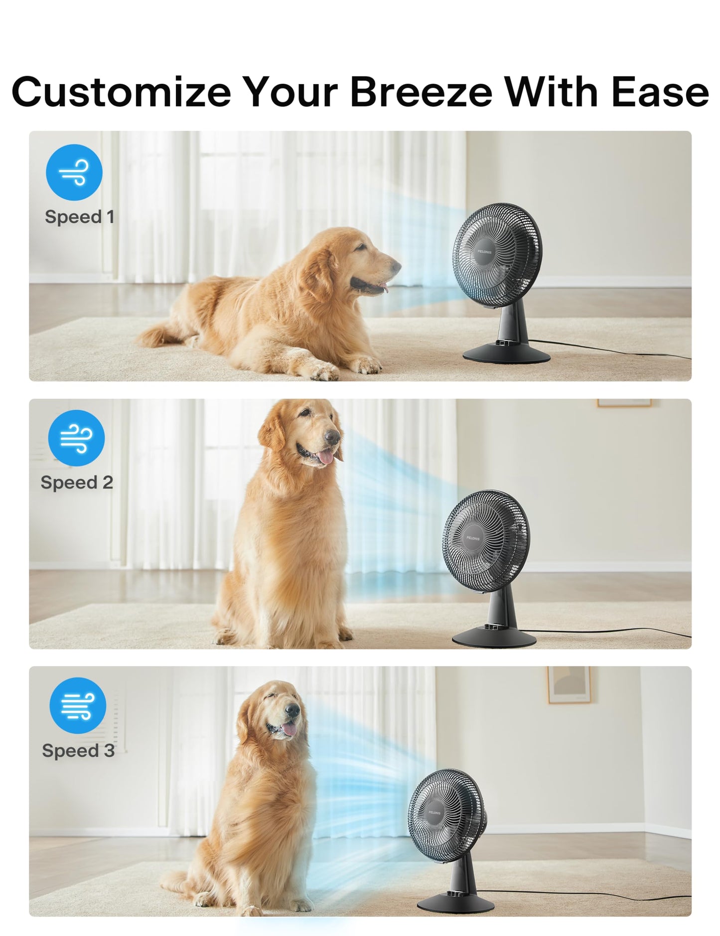 PELONIS Table Fan 12-Inch, 120° Oscillating Table Fan Small Portable Electric Plug-In Desk Fan with 3-Speeds, 126° Adjustable Tilt Head for Bedroom