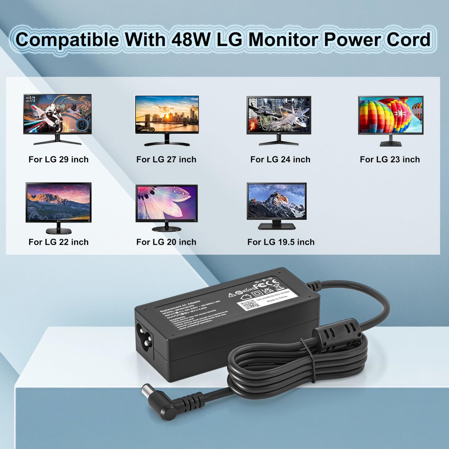 19V Power Adapter fit for LG Monitor Power Cord 22" 24” 27” 32" 22MP400-B 24QP500-B 24LJ4840 27UP600 27UL500 27MR400 E2742VA 27EA63 27GL83A-B…