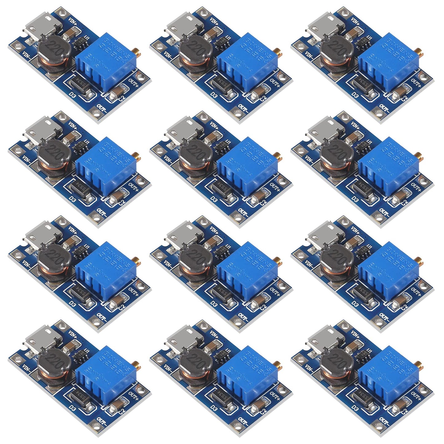 QCCAN 12Pcs MT3608 DC-DC Step Up Converter Adjustable Power Supply Booster Module Voltage Regulator MAX Output 28V 2A (MT3608 with USB)