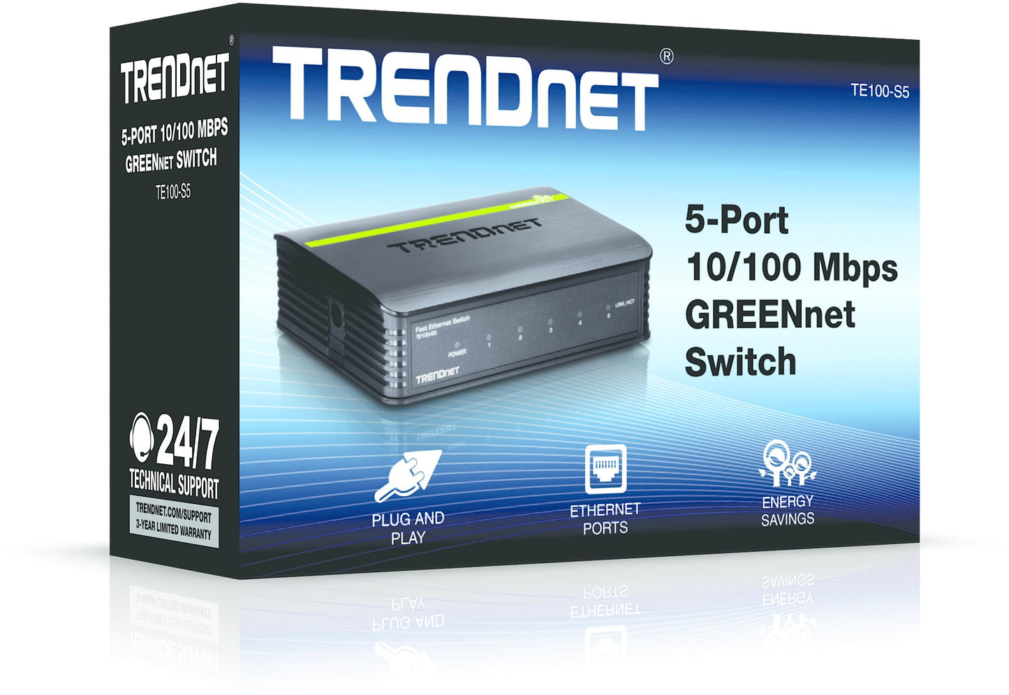 TRENDnet 5-Port Unmanaged 10/100 Mbps GREENnet Ethernet Desktop Plastic Housing Switch, 5 X 10/100 Mbps Ports, 1Gbps Switching Capacity, TE100-S5