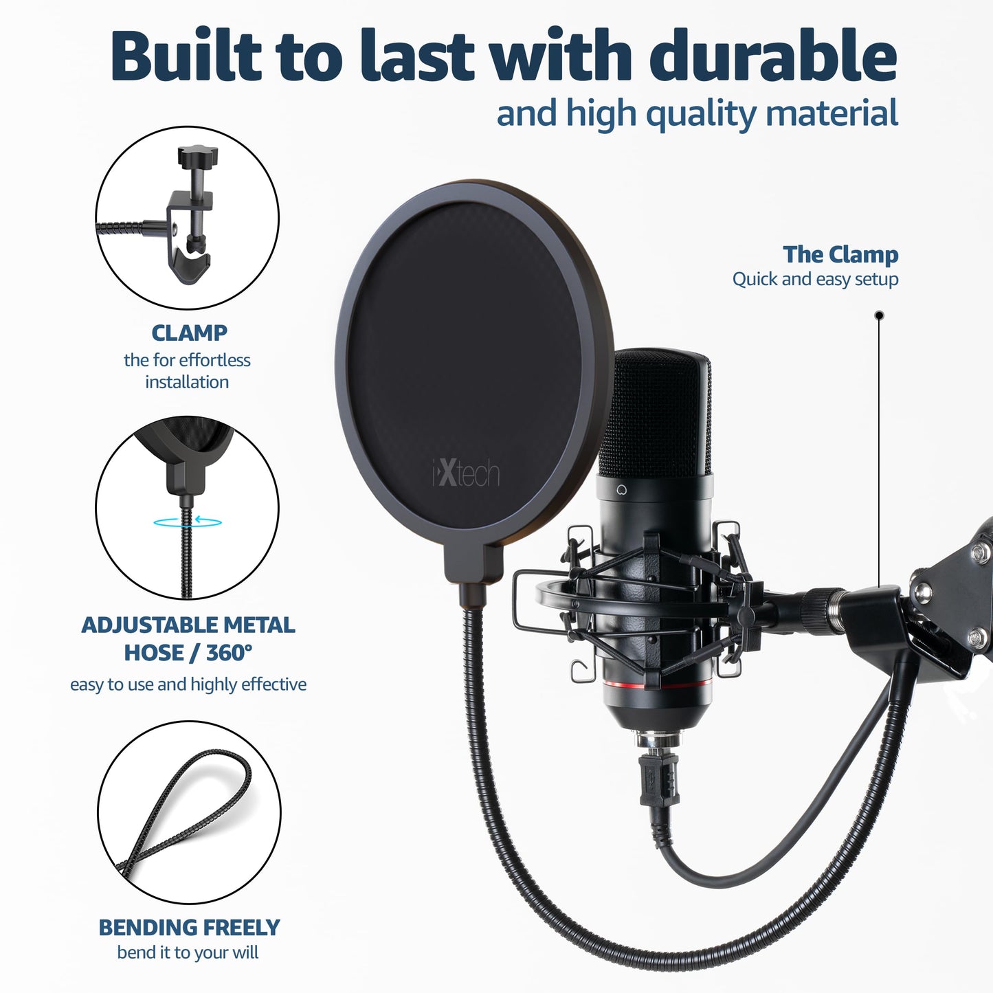 IXTECH Pop Filter for Mic Microphone, Blue Yeti Mic Pop Filter Dual Layered Wind Pop Screen with a Flexible 360 Degree Gooseneck Clip Stabilizing.