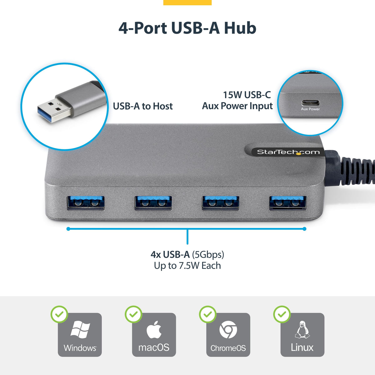 StarTech 4-Port USB-A Splitter 5Gbps, USB Powered, 4X Type-A, 1ft/30cm