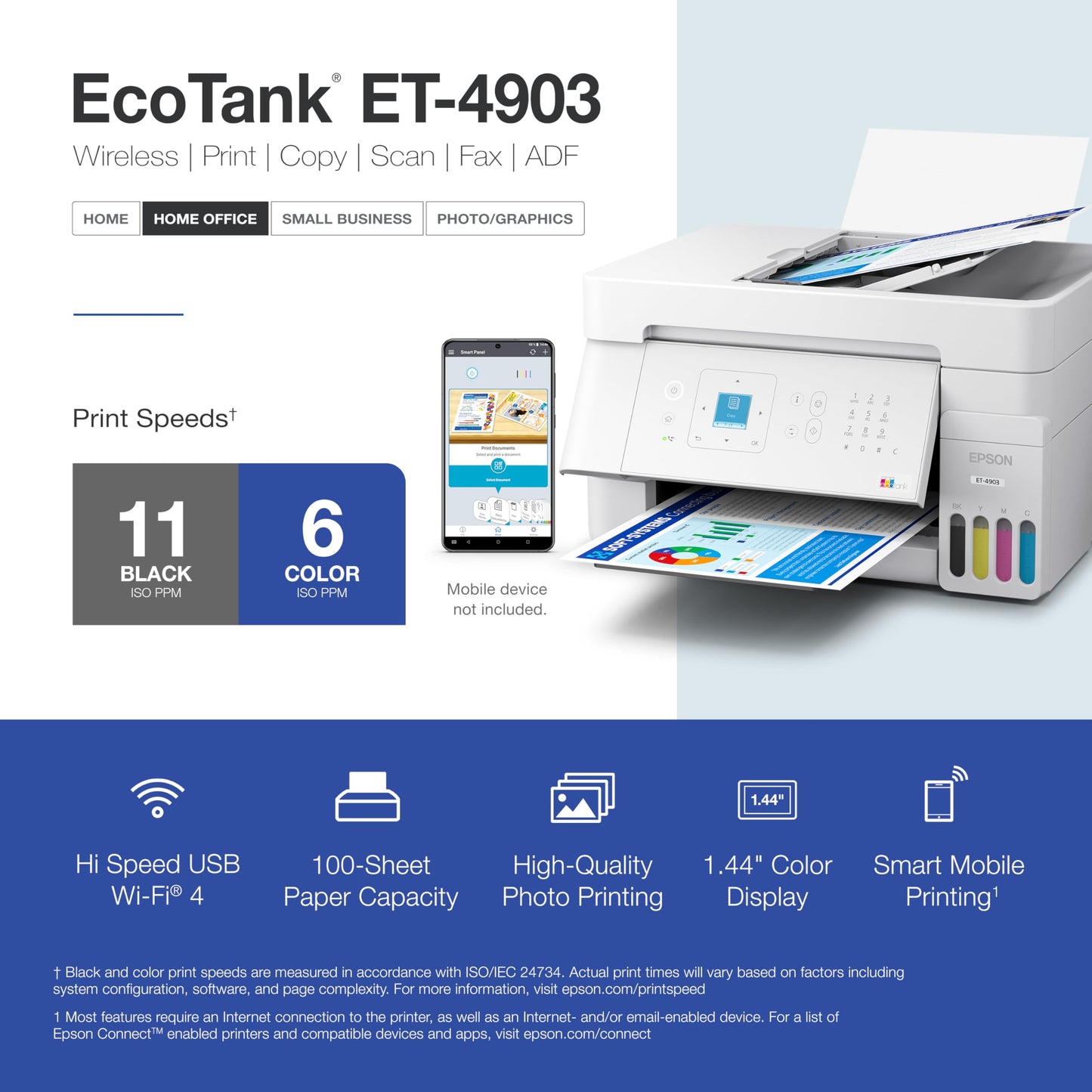 Epson EcoTank ET-4903 Wireless All-in-One Color Supertank Printer with up to 3 Years of Ink, Refillable Tanks, Perfect for Home Office, 11 PPM, 1.44"