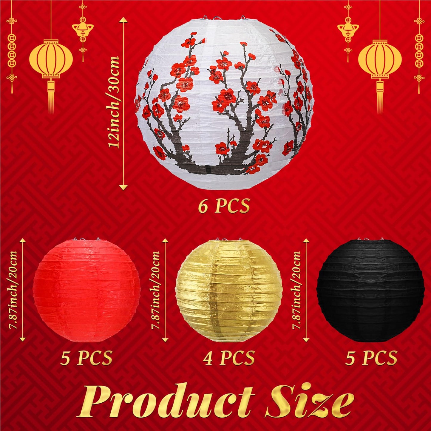 Mudder 20 Pieces Chinese Japanese Paper Lanterns, Cherry Flowers Paper Lanterns for Hibachi Birthday Party Asia Home Restaurant Wedding Home Decor(Red