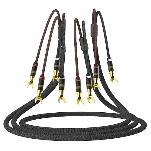 Monosaudio 12 Gauge Speaker Cable Pair Speaker Wire with Banana Plugs/Y Spade Connectors Convertible Gold Plated OFC Copper for Amplifier/Speakers/AV