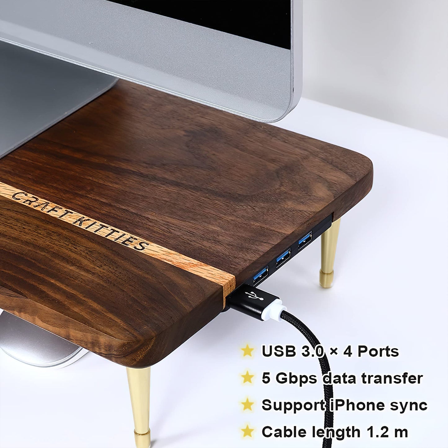 CRAFT KITTIES Monitor Stand Wood Riser with 4 USB Ports, Computer Monitor Stand with America Walnut Data Transfer Charging Hub -Compatible