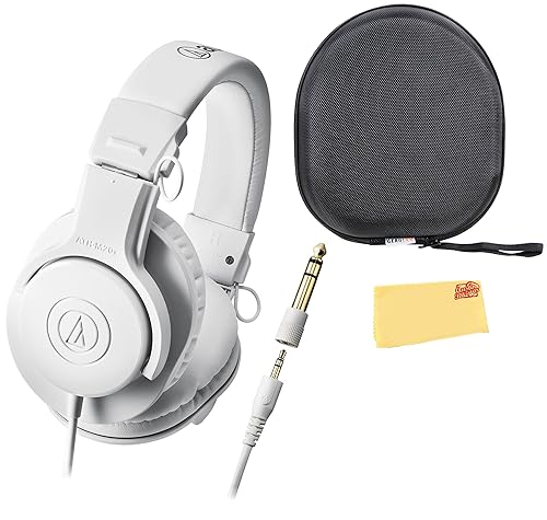 Audio-Technica ATH-M20xWH Professional Monitor Headphones - White Bundle with Case and Austin Bazaar Polishing Cloth