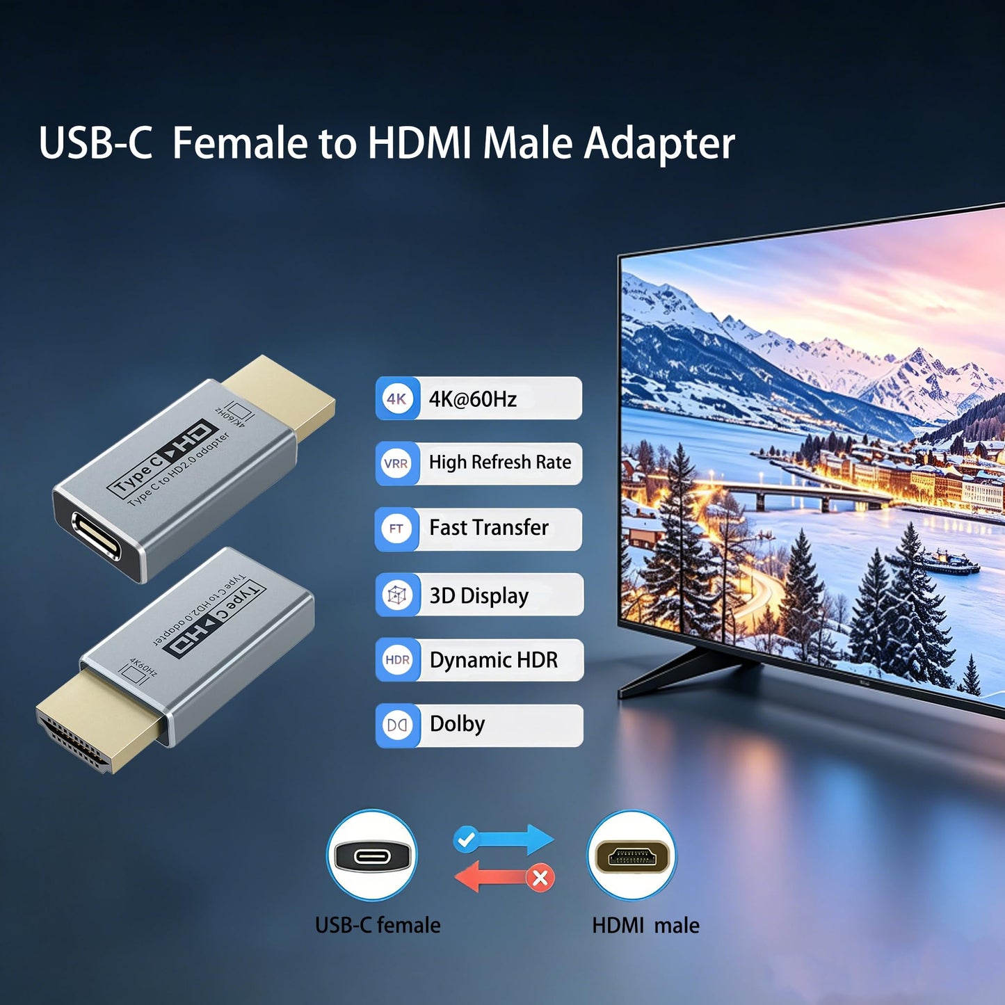USB-C Female to HDMI Male Adapter 4K 60Hz, Uni-Directional Video Converter for Thunderbolt 3/4/5, Compatible with MacBook Pro/Air, iPhone 17, iPad