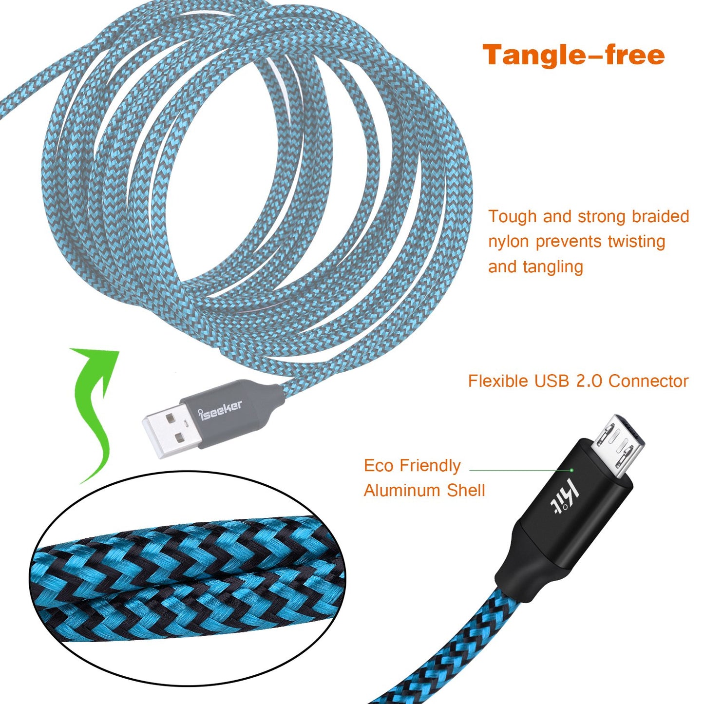 iSeekerKit Micro USB Cable 15ft,Extra Long Braided Android Charging Cords, 2Pack Colorful Micro USB to USB 2.0 Compatible