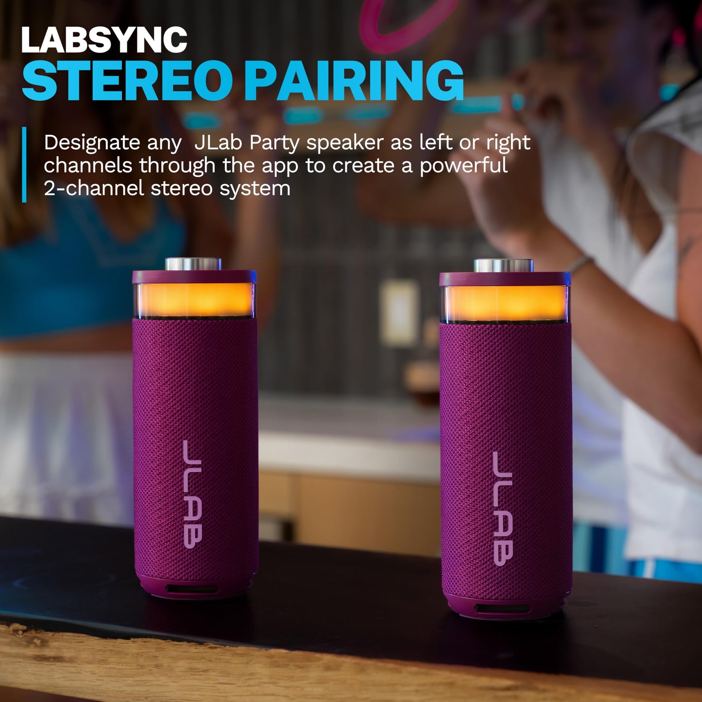 JLab Go Party Portable Bluetooth Speaker, Mulberry, 10 Watts of Power, 16+ Hours of Playtime, IP56 Waterproofing, Customizable RGB LED Lighting, Lab