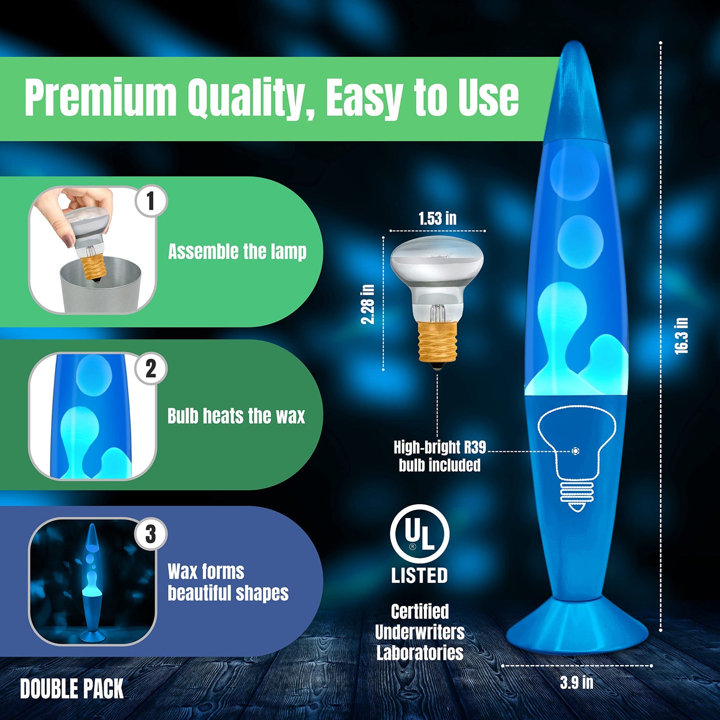 JAMBO 2 Pack- 16" Beautiful Lamp- Blue with Blue/White Wax and Blue with Yellow Wax, Relaxing Liquid Lamp, Night Light Nightlight, Lamps for Adults
