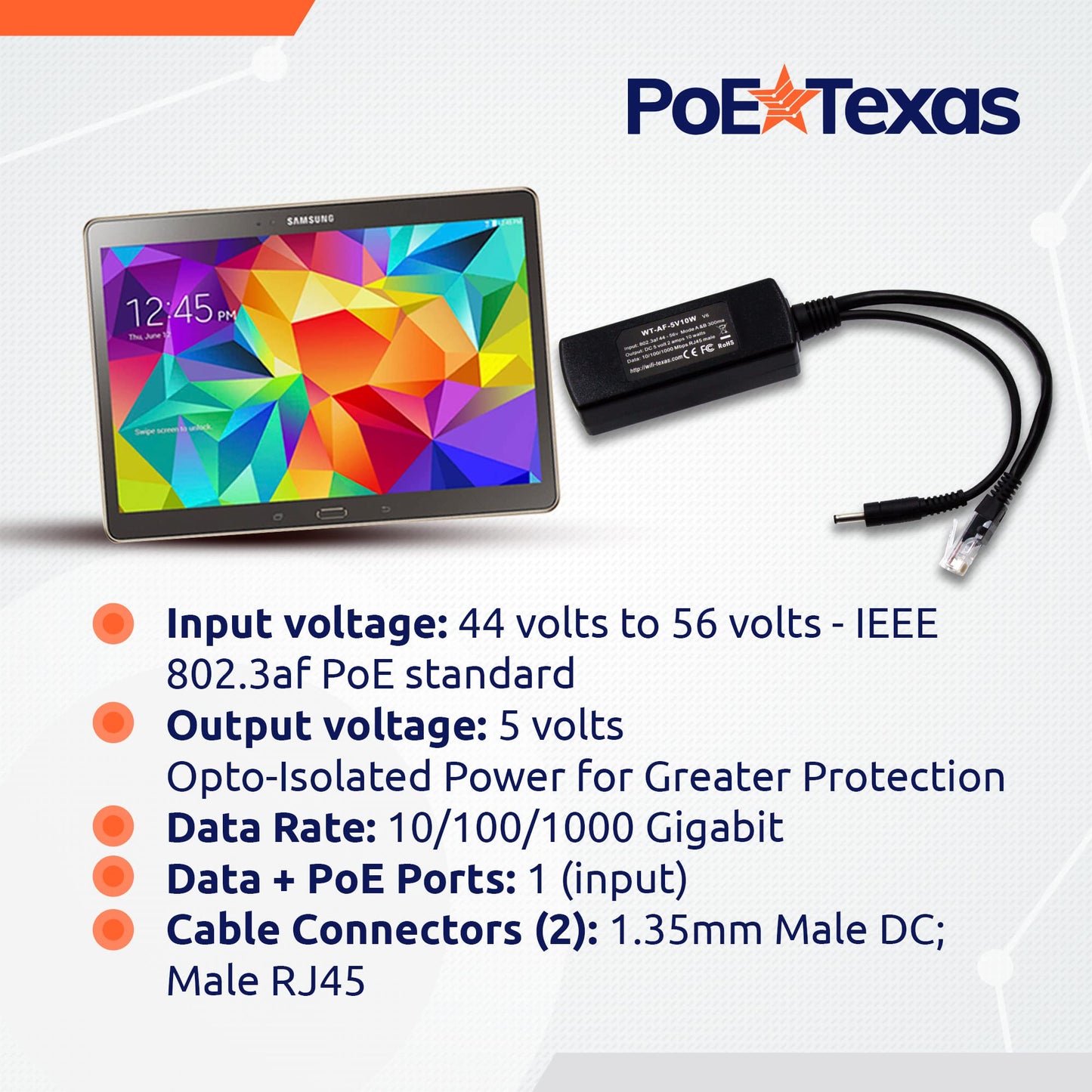 PoE Texas 802.3af Power Over Ethernet PoE Splitter with 5 Volts 10 Watts Output - for 5V Non-PoE Security Camera and Devices Like Foscam, Sonoff