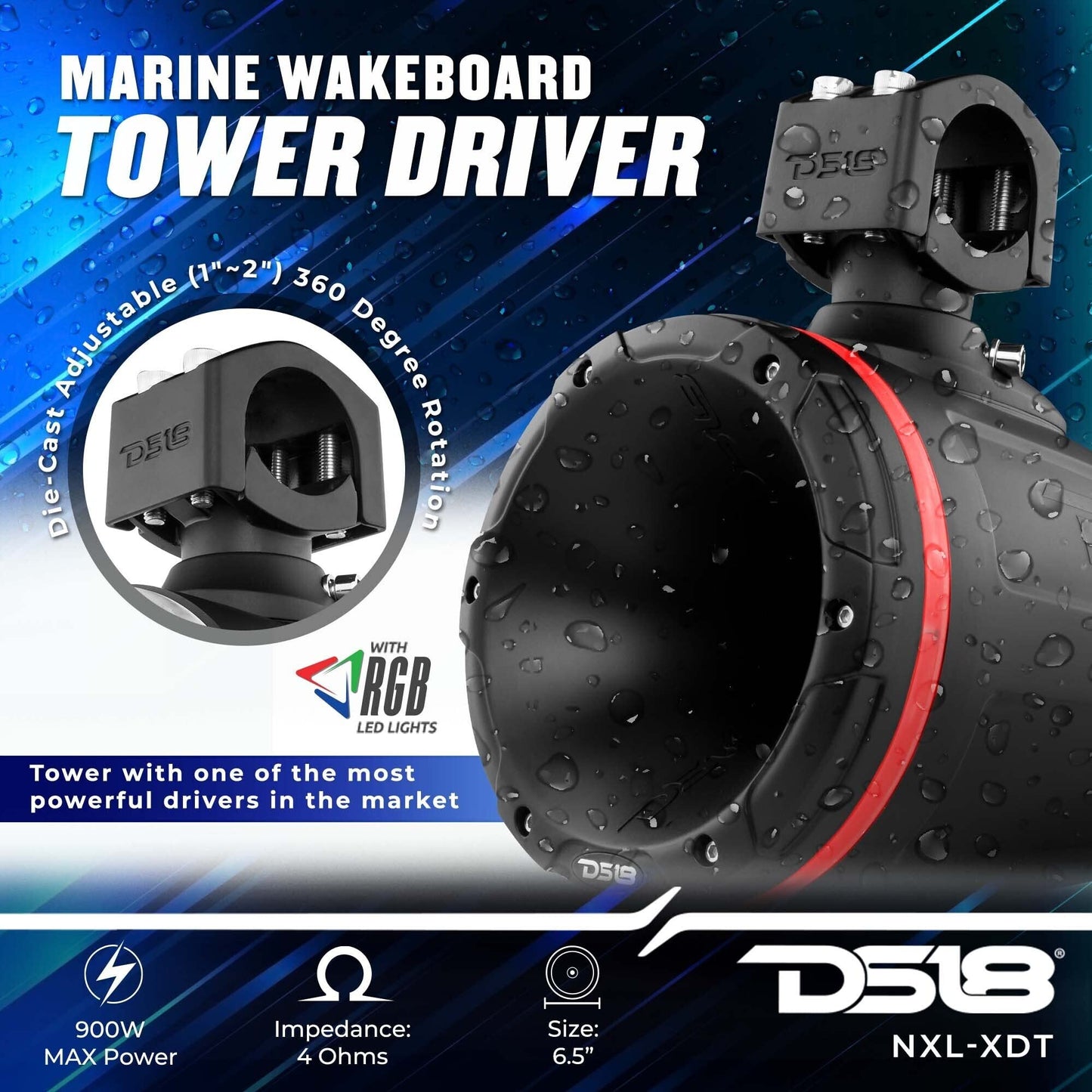 DS18 Hydro NXL-XDT/BK 1.75" Driver Wakeboard Pod Tower Speaker with Integrated RGB LED Lights, Waterproof, UV Stable, 900 Watts, 4 ohm - for All