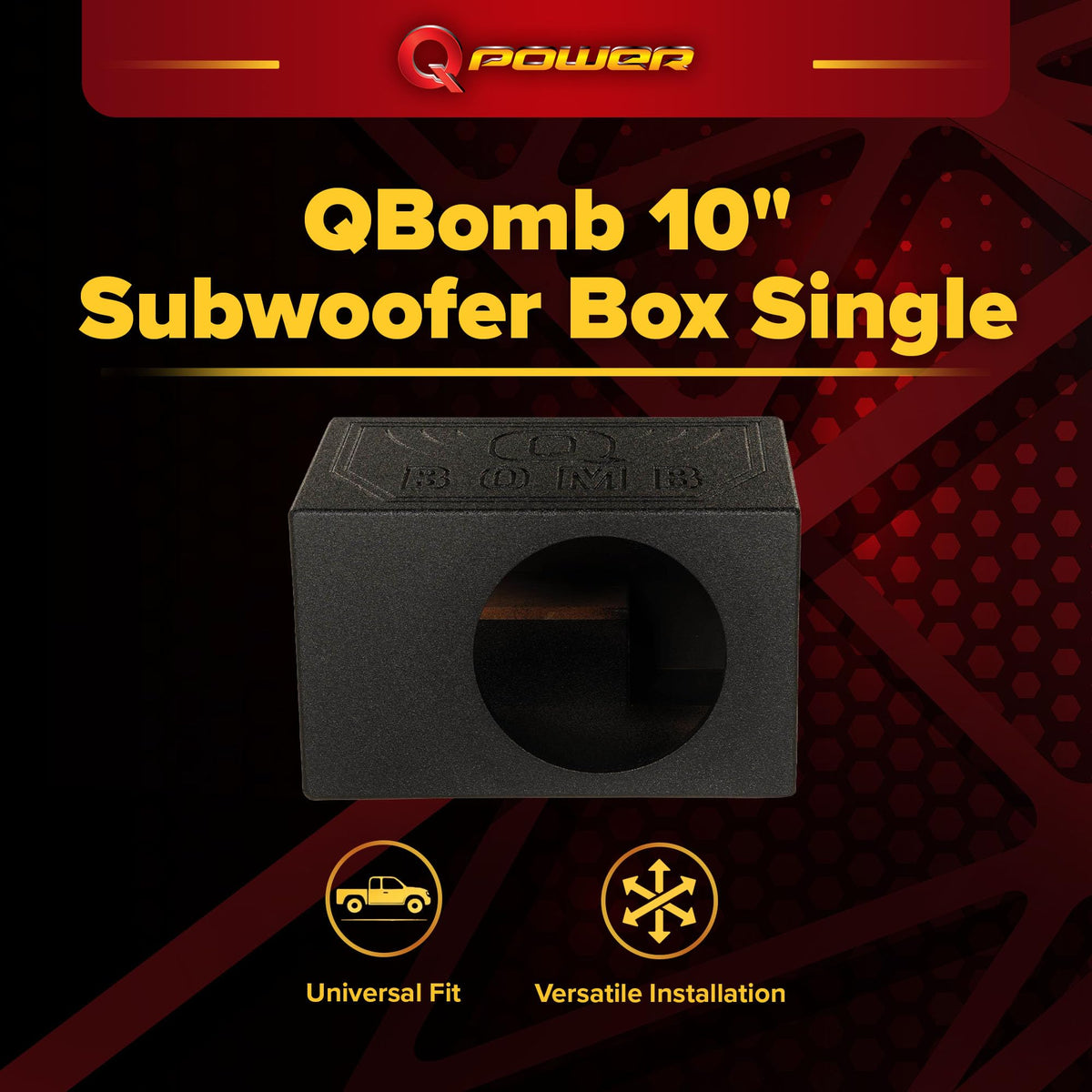 Q Power QBOMB Single 10" Tough Vented Shallow Ported Subwoofer Box, Black