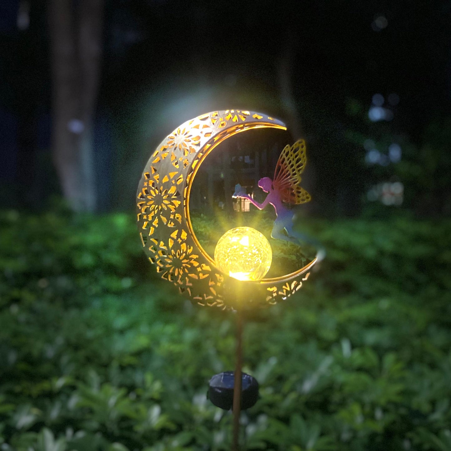 VividLadybug Solar Garden Lights Outdoor Decor, Moon Fairy Crackle Glass Lights, Waterproof LED Landscape Lighting Metal Stake Ornament, for Walkway