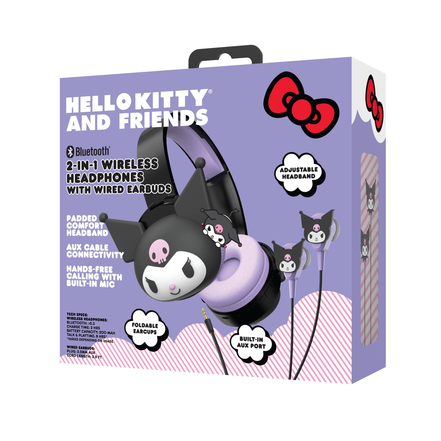 Hello Kitty 2-in-1 Wireless Bluetooth Headphones with Wired Earbuds - Foldable Over-Ear Headset with Built-in Mic, AUX Cable, Adjustable Headband,