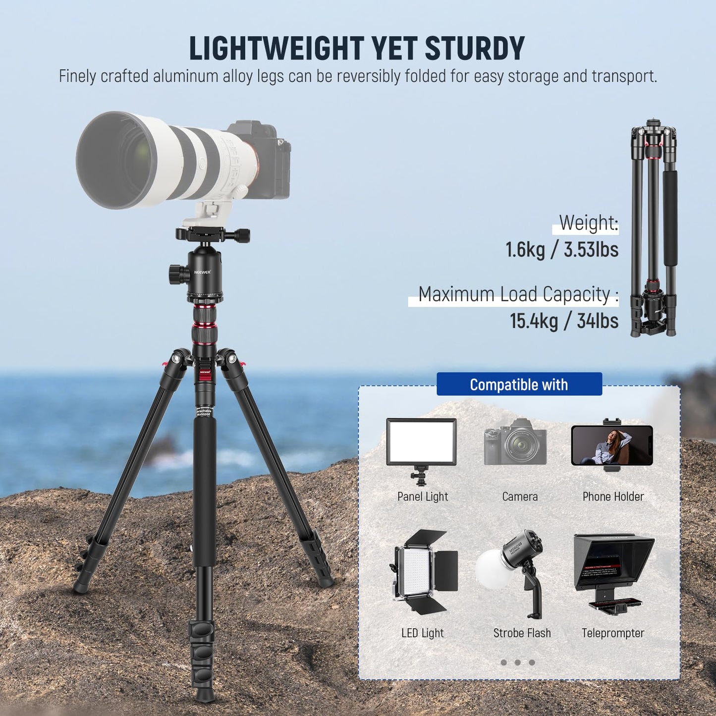 NEEWER 77" Camera Tripod Monopod with Cell Phone Holder Compatible with iPhone for Video Recording, Compact Aluminum Travel Stand with Ball Head QR