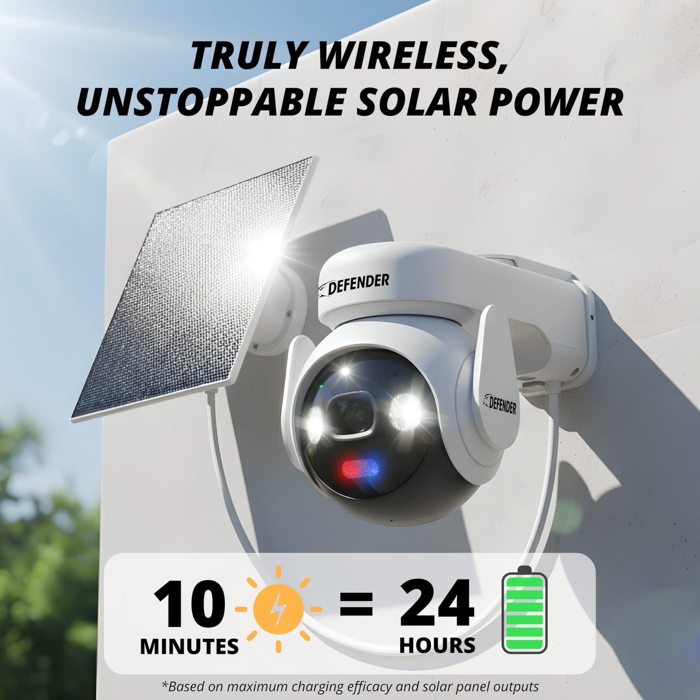 Defender Solar Powered 4K AI Guard Ultra-Charge PTZ Wireless WiFi Security Camera, 64GB SD Card, 5W Solar Panel, 10,000 mAH Battery, 24/7 Recording