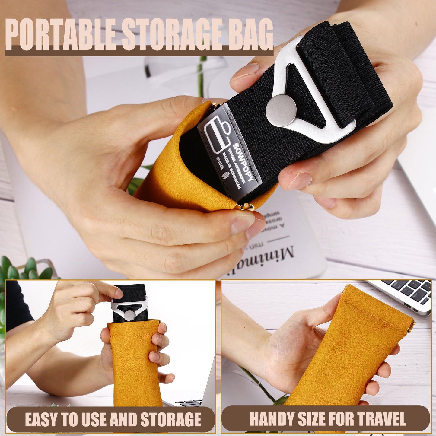 SOWPOPY Travel Belt for Luggage – Adjustable Add-a-Bag Strap, 2-in-1 Elastic Suitcase Belt Over Handle for Carry-On & Travel Accessories (Black)