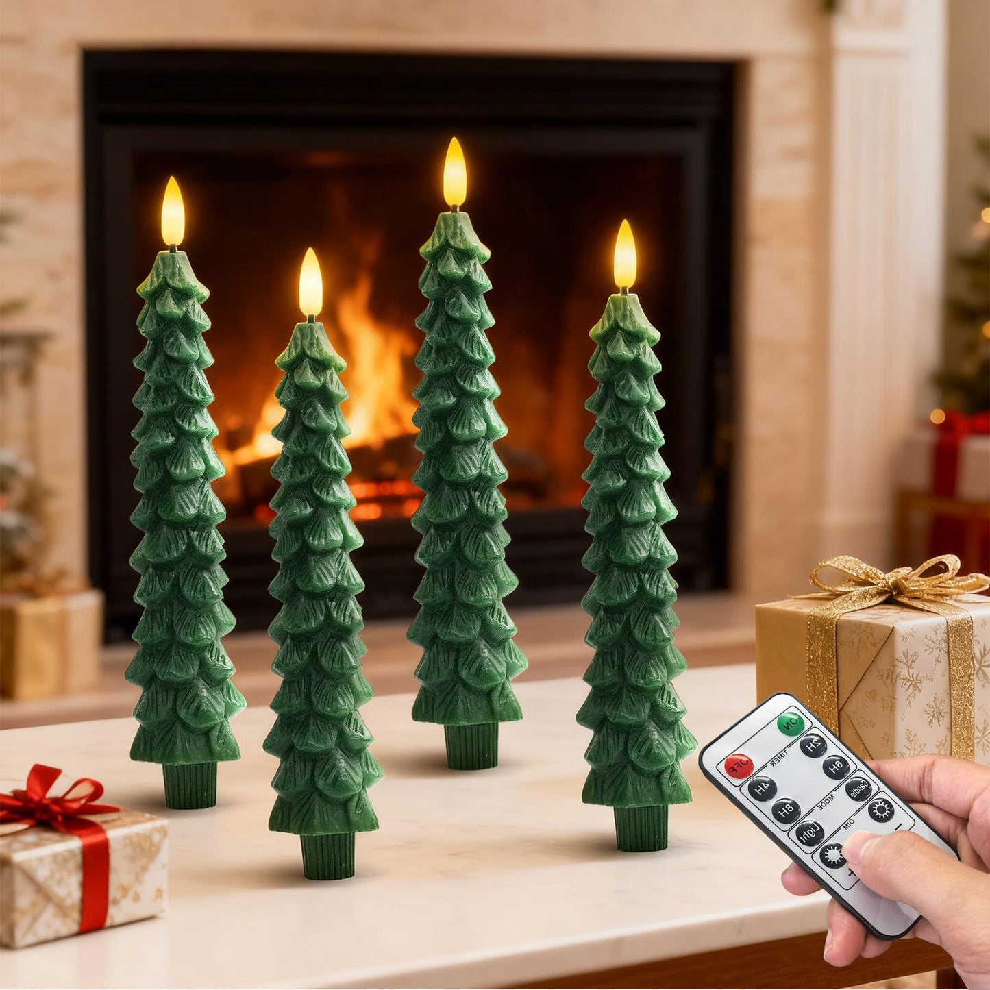 HDCooL 4PCS Christmas Tree Candles, 9.7 Inch Flameless Taper Candles with Remote and Timer, LED Battery Operated Taper Candlesticks with 3D Flickering
