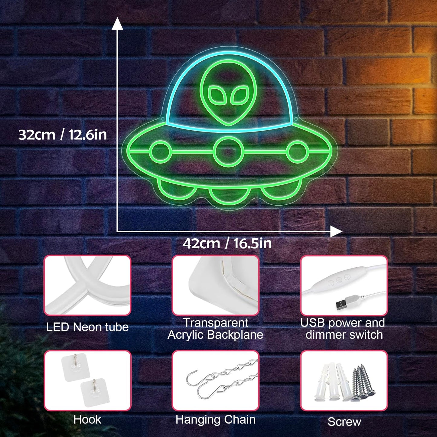Alien Ship Neon Sign, Usb Powered Light Dimmable Led Signs For Wall Decor Light Up Signs For Bedroom Man Cave Game Room Bar Beer Pub Hip Hop Paryt