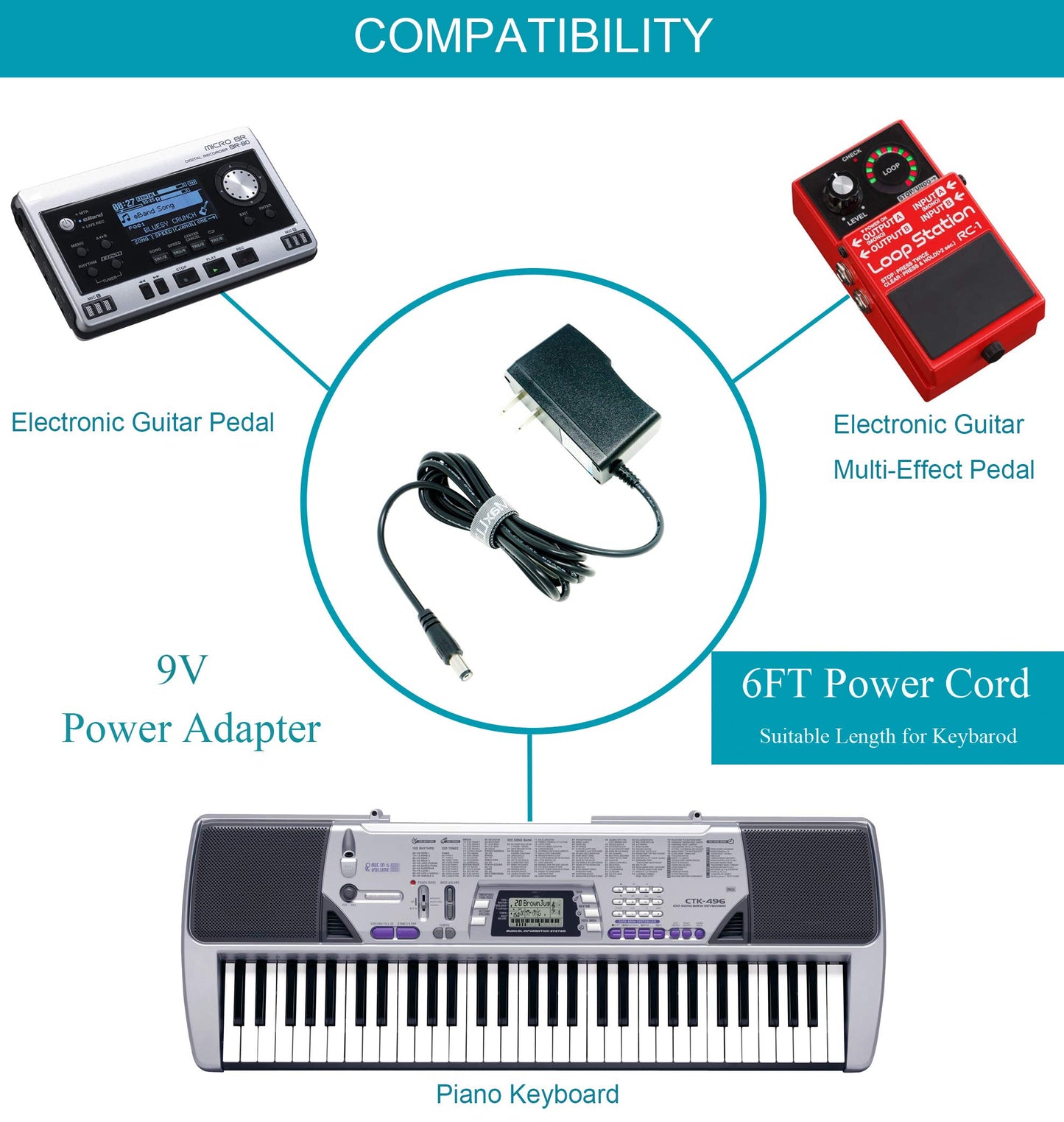 6FT Extra Long Power Adapter Cord for Casio CTK-451 CTK-471 Keyboard Wall Charger Power Supply