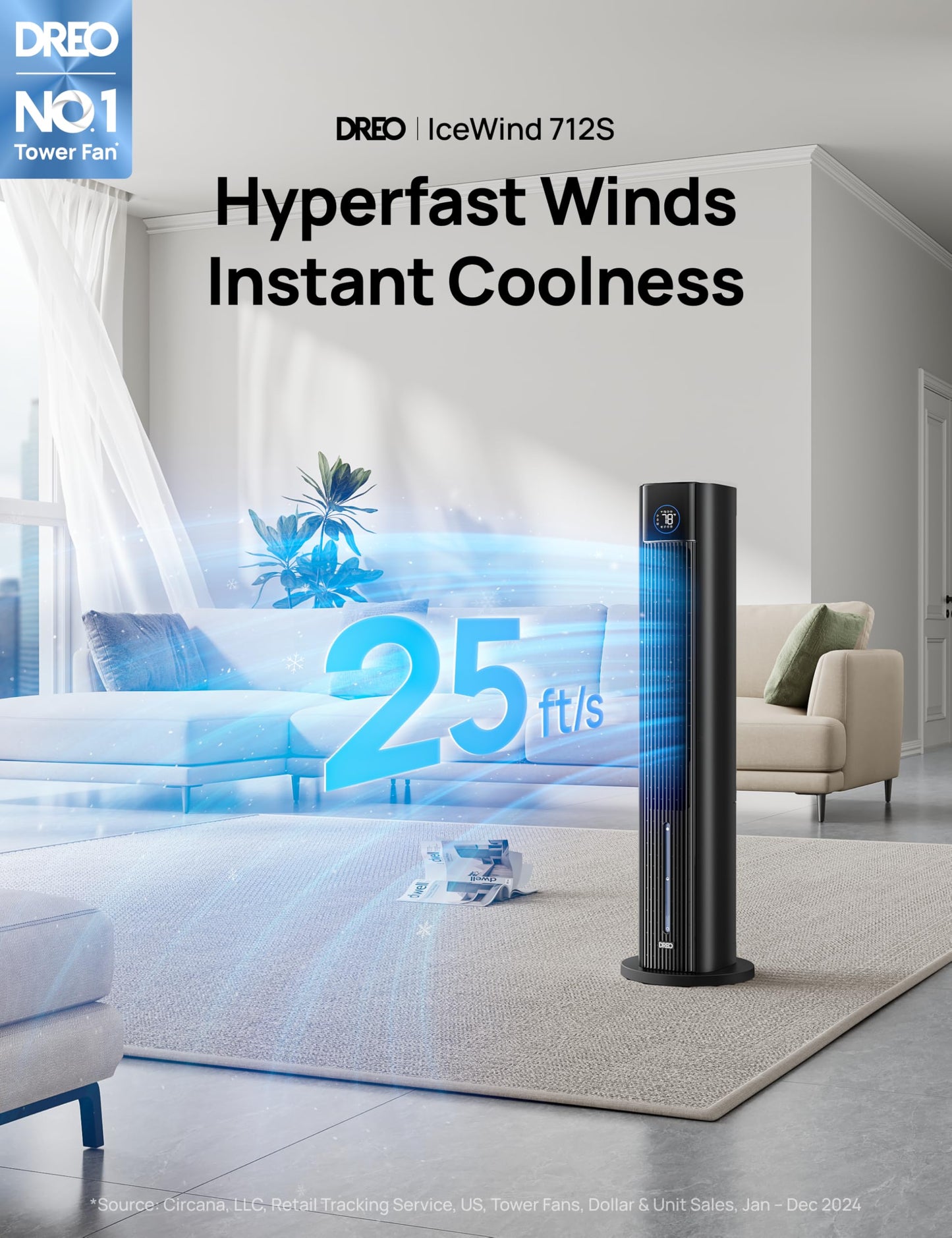 DREO Tower Fan for Bedroom, 43" Cooling Fans That Blow Cold Air 2025 Upgraded, Evaporative Air Cooler, Quiet 85° Oscillating Floor Fan, Easy Cleaning