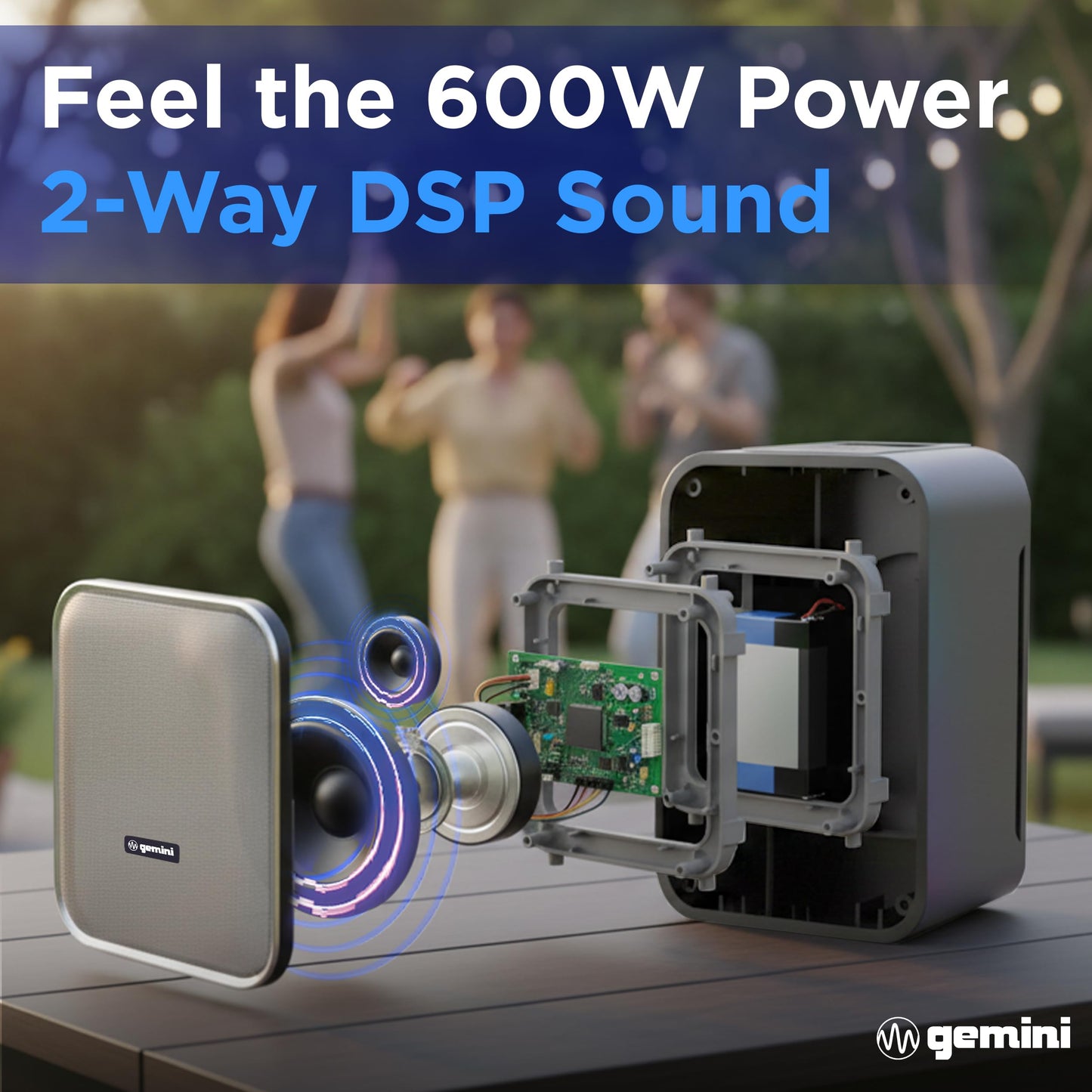 Gemini Portable Bluetooth Party Speaker with LED Lights, 6Hr Battery, IPX5 Waterproof, USB/AUX/FM Radio for Outdoor BBQ Pool Parties (GNV-60)