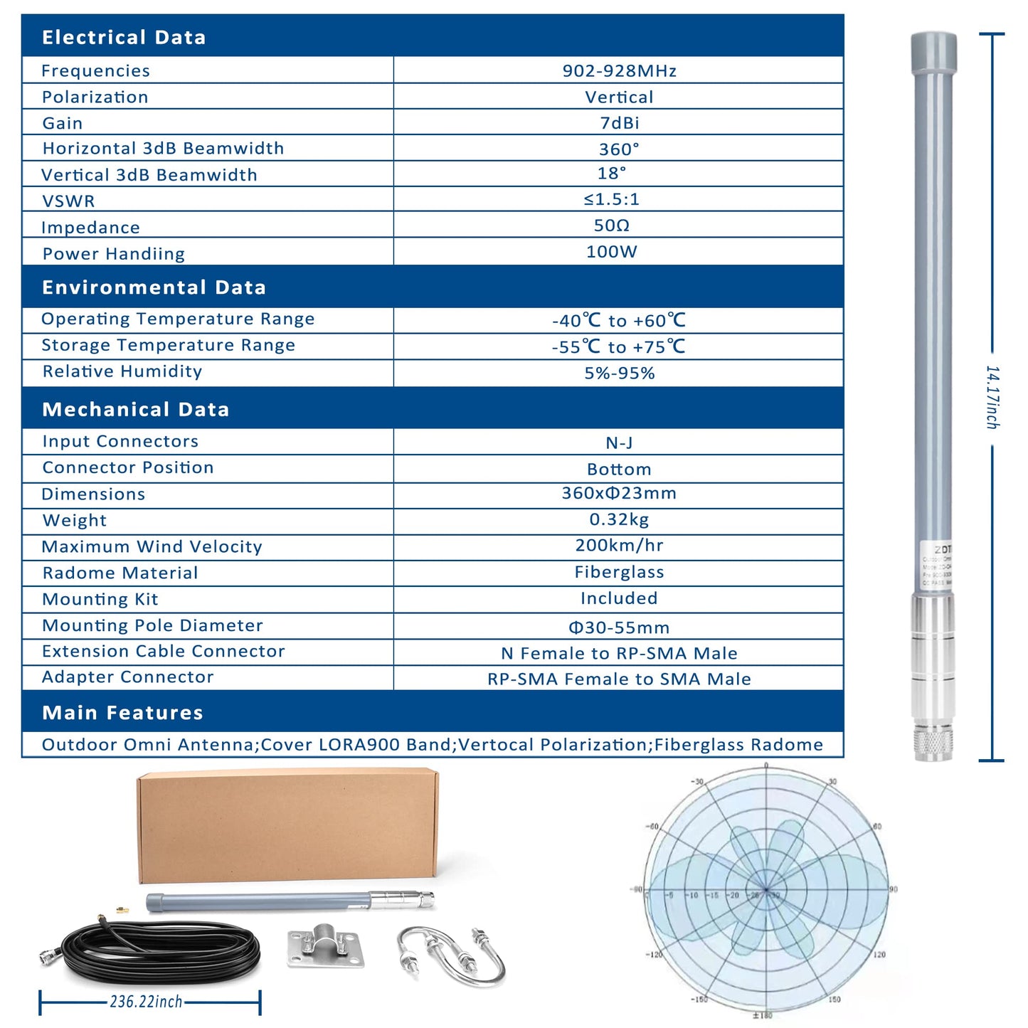 ZDTECH 915MHz LoRa Gateway Antenna Omni Directional Fiberglass Antenna Outdoor Indoor LoRawan Ant with 20 ft N Female to RP-SMA Male Extension Cable