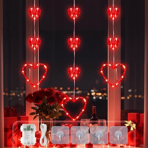 YOUNGAR Valentine's Day Heart Window Lights, 5FT 65LED Battery/USB Powered with Timer, Waterproof with 8 Modes Memory for Home Bedroom Birthday Party