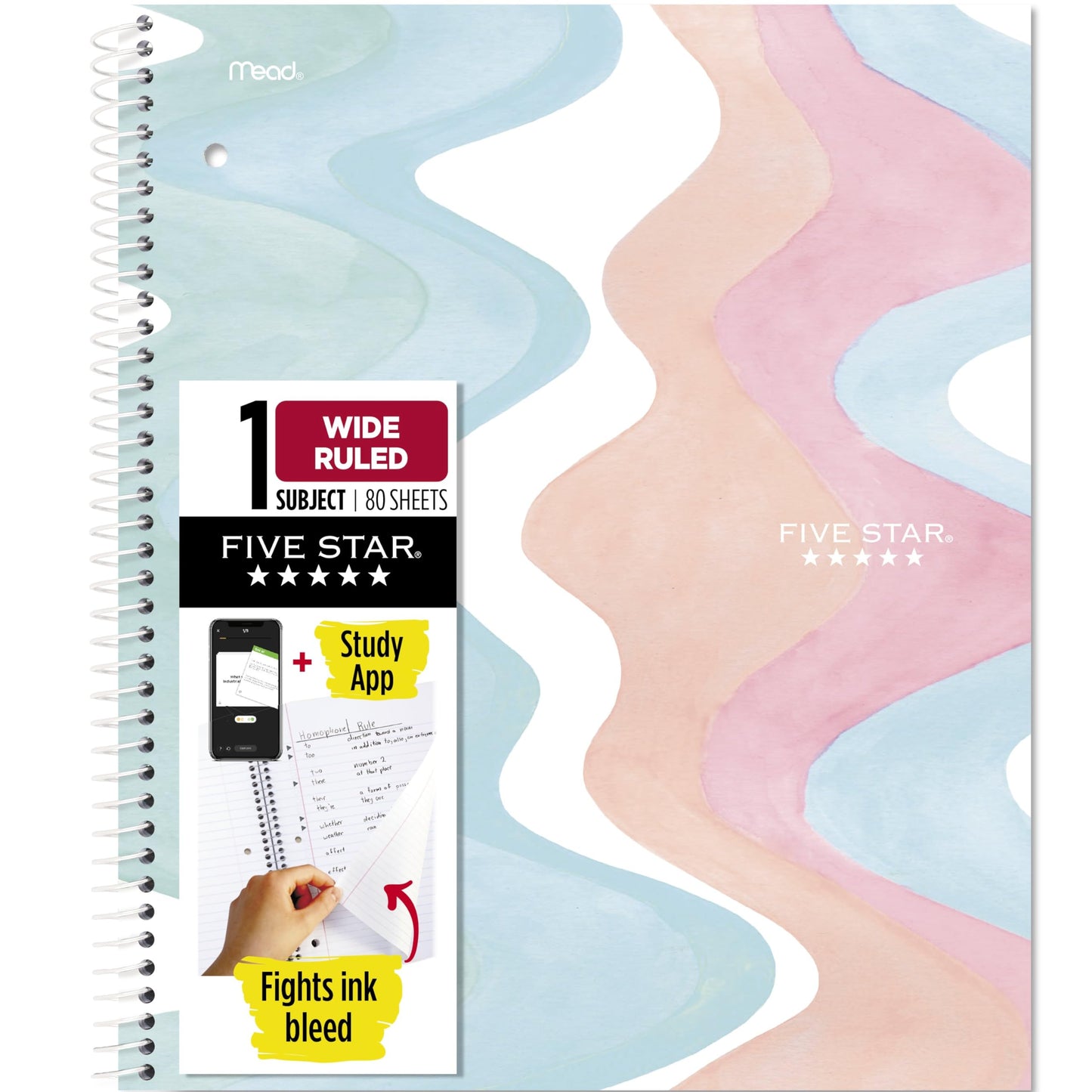 Five Star Spiral Notebook + Study App, 1 Subject, Wide Ruled, 8" x 10-1/2", 80 Sheets, Fights Ink Bleed, Water Resistant Cover, Pastel Waves (930060F)