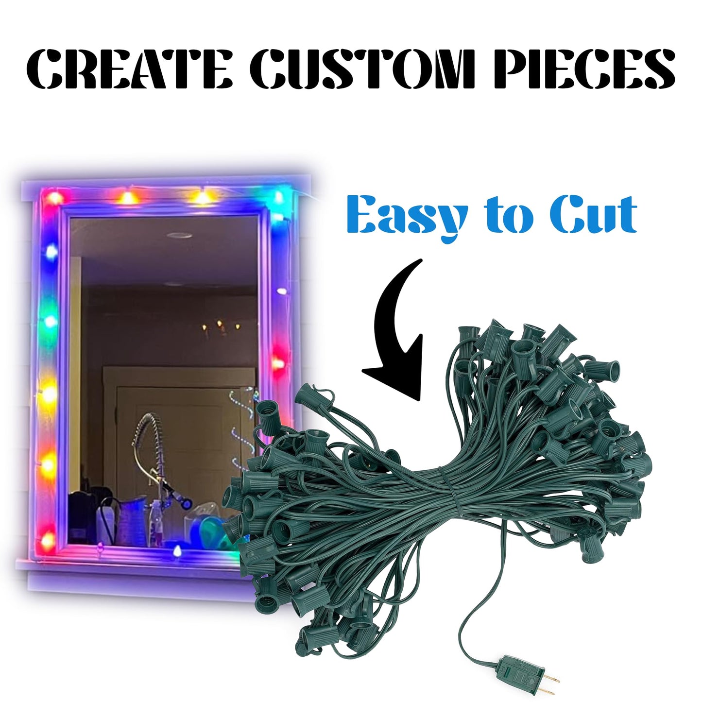 HLO Lighting C7 Light Strings | 50' Green Cord with 12" Socket Spacing, E12 Light Stringer for C7 Christmas Lights