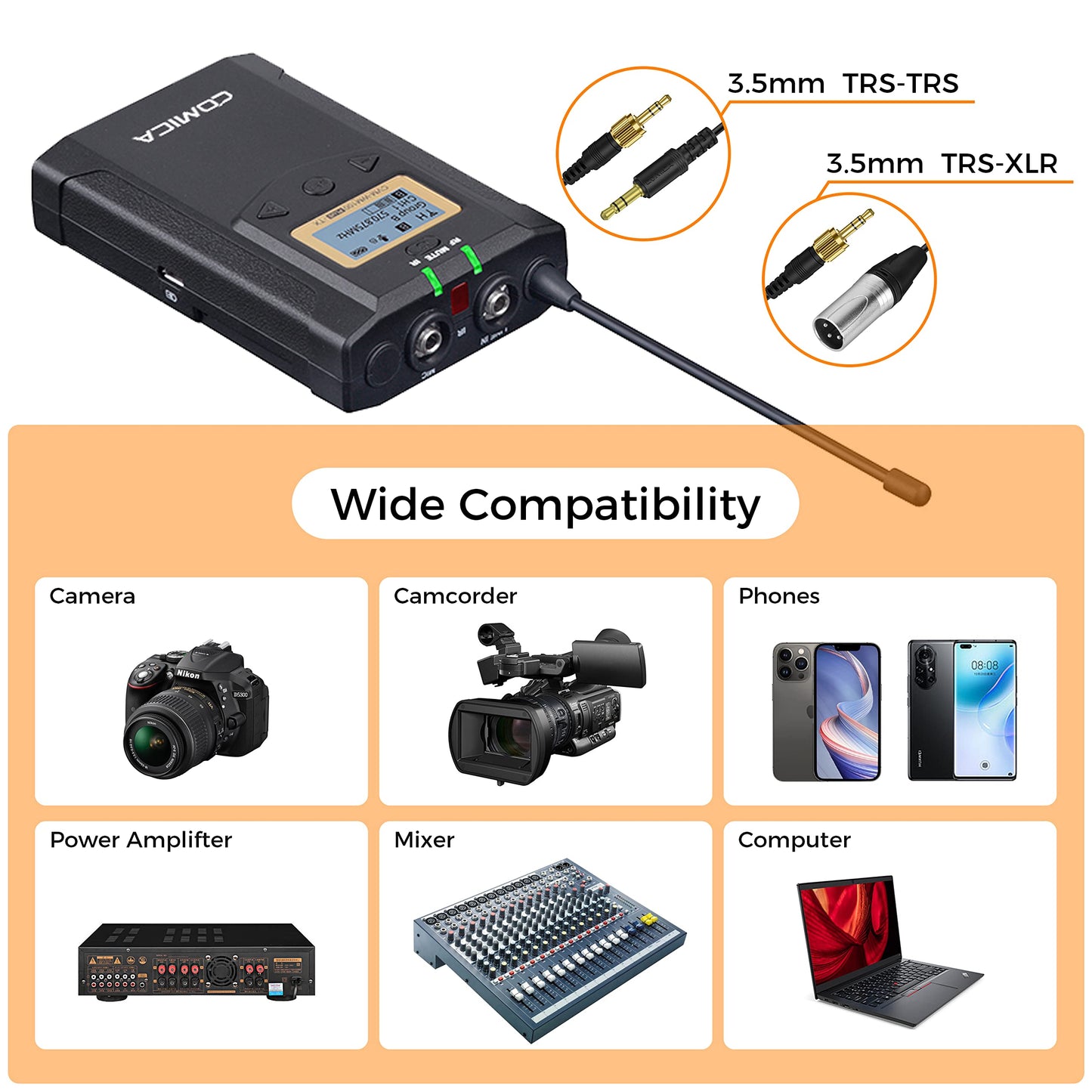 Wireless Lavalier Microphone, with Carrying Bag,Comica CVM-WM100 PLUS UHF 48 Channels Dual Lapel Microphone System for DSLR Cameras, XLR Camcorder