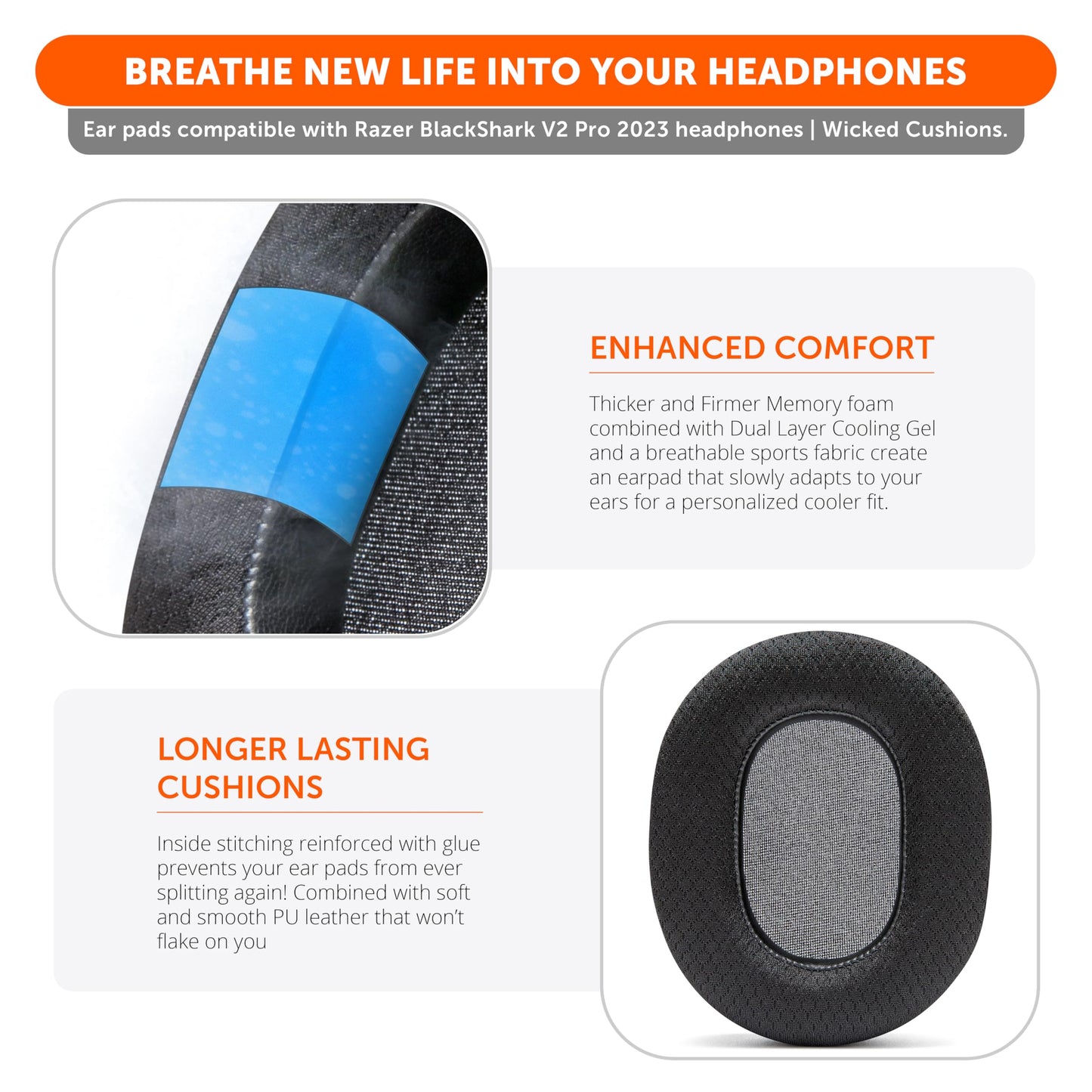 WC Freeze Blackshark V2 Pro 2023 - Cooling Gel Earpads by Wicked Cushions Only (Does not fit Old Blackshark V2 Pro) - Boost Comfort, Thickness