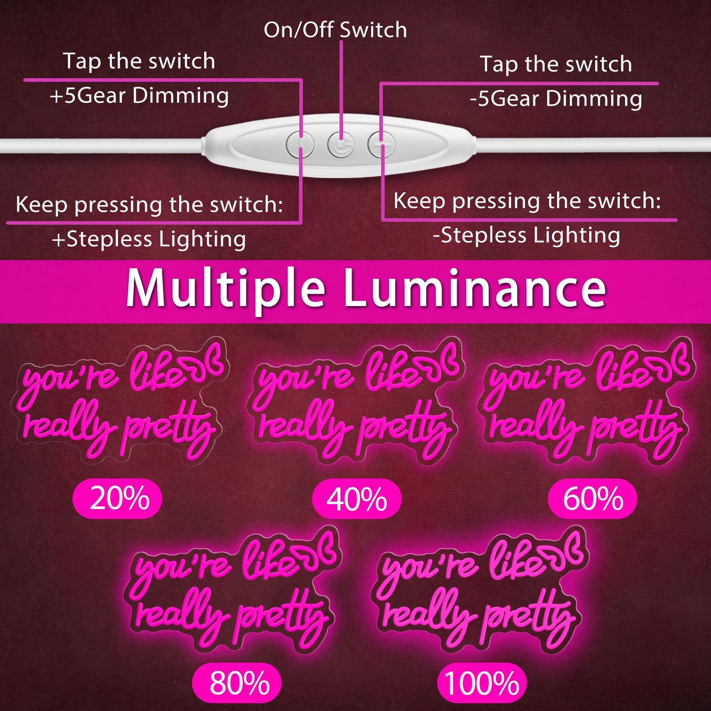 You Are Like Really Pretty Neon Sign, Pink Dimmable LED Light Up Neon Sign for Girls Bedroom Club Wedding Bachelorette Party Wall Decor Birthday