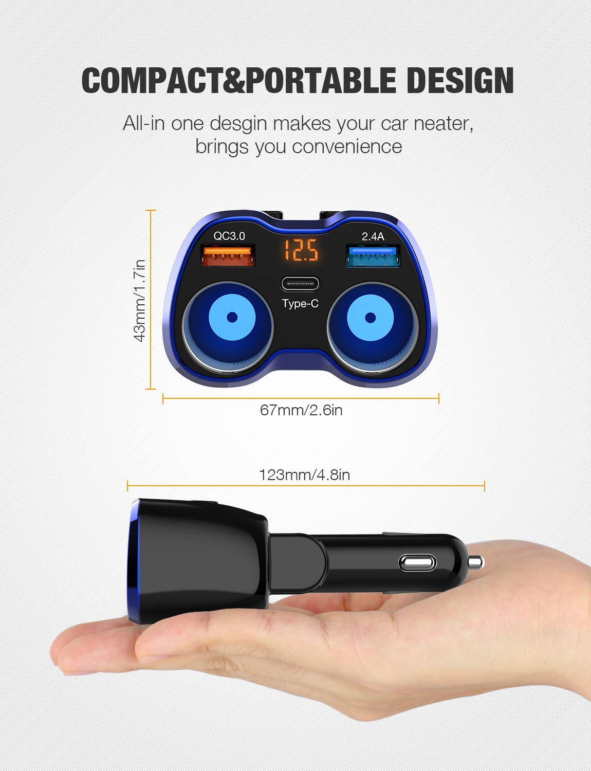 Car Charger, 150W 2-Socket Cigarette Lighter Splitter QC 3.0 Dual USB Ports 1 USB C Fast Car Adapter with Separate Switch LED Voltmeter Replaceable